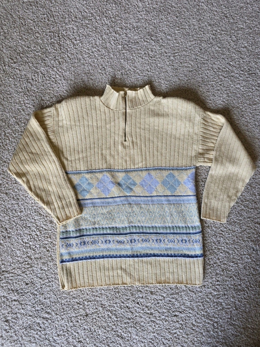 Norton McNaughton Yellow 1/4-Zip Sweater with Blue Argyle Petite P Retro